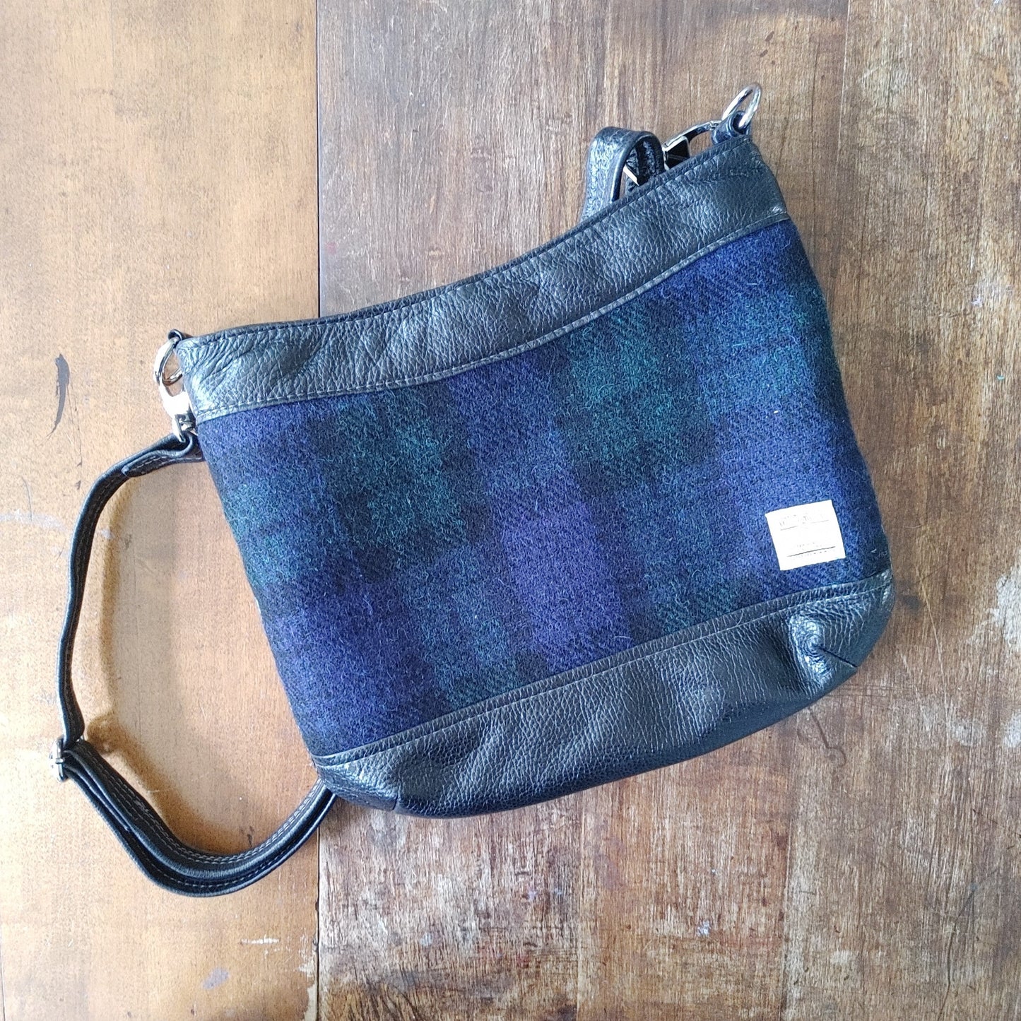 Sway Handbag in Black Leather and Harris Tweed