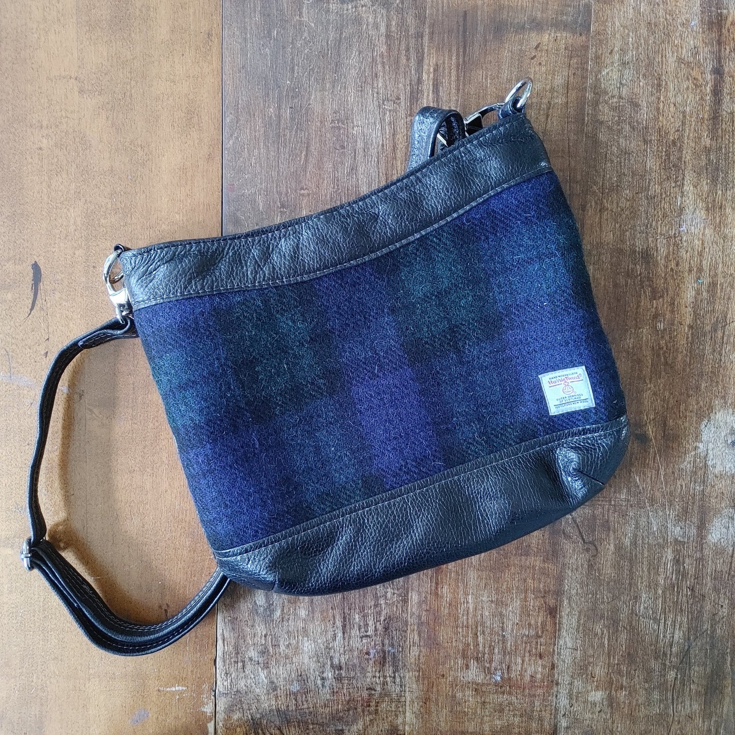 Sway Handbag in Black Leather and Harris Tweed