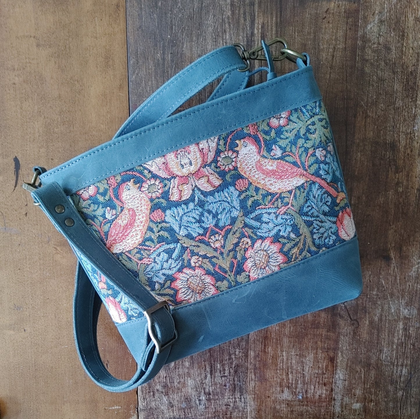 Sapling Zippered Handbag in Teal Leather with Tapestry