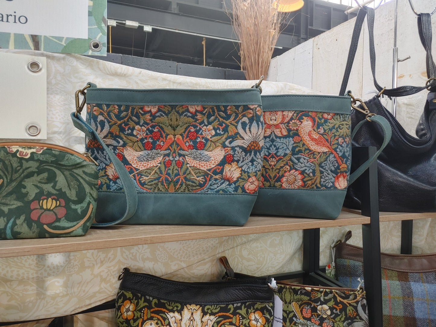 Sapling Zippered Handbag in Teal Leather with Tapestry