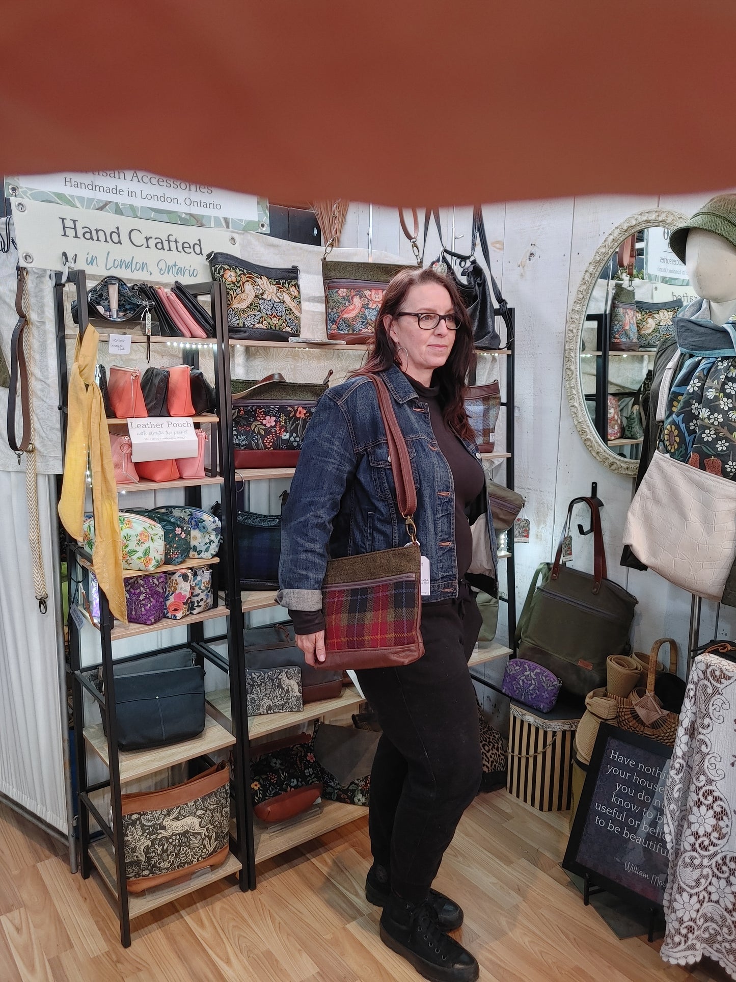 Crossbody Bag in Leather, Floral Canvas and Harris Tweed.
