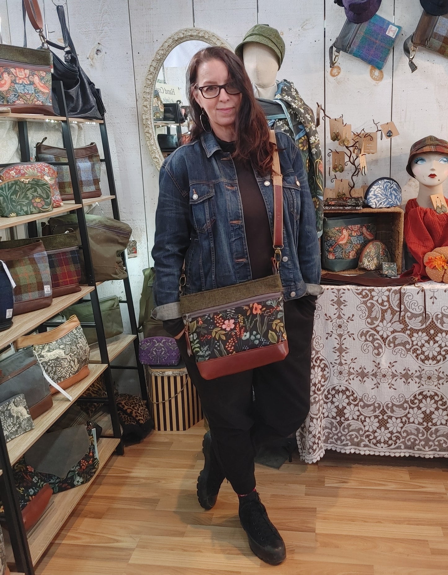 Crossbody Bag in Leather, Floral Canvas and Harris Tweed.