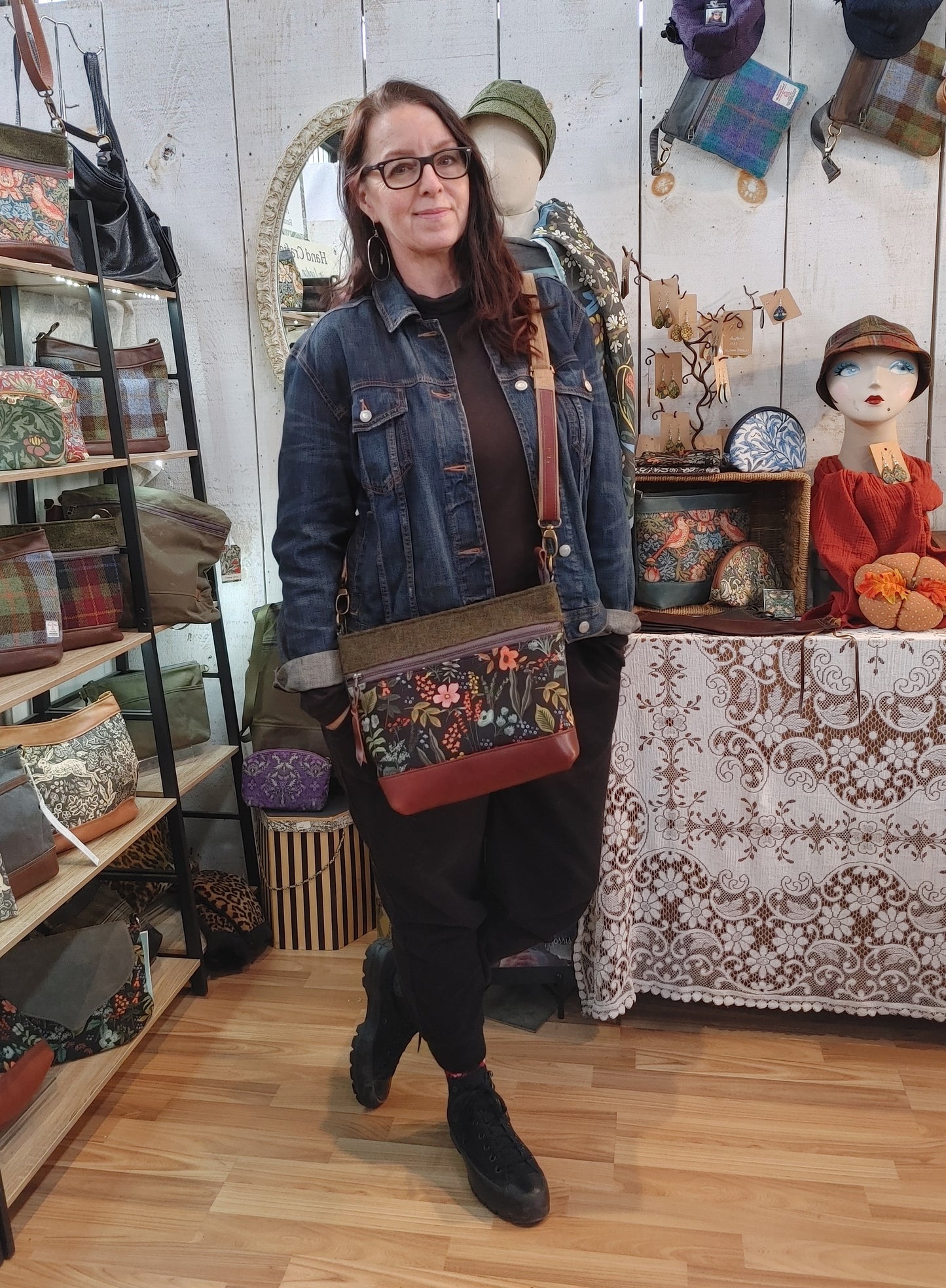 Crossbody Bag in Leather, Floral Canvas and Harris Tweed.