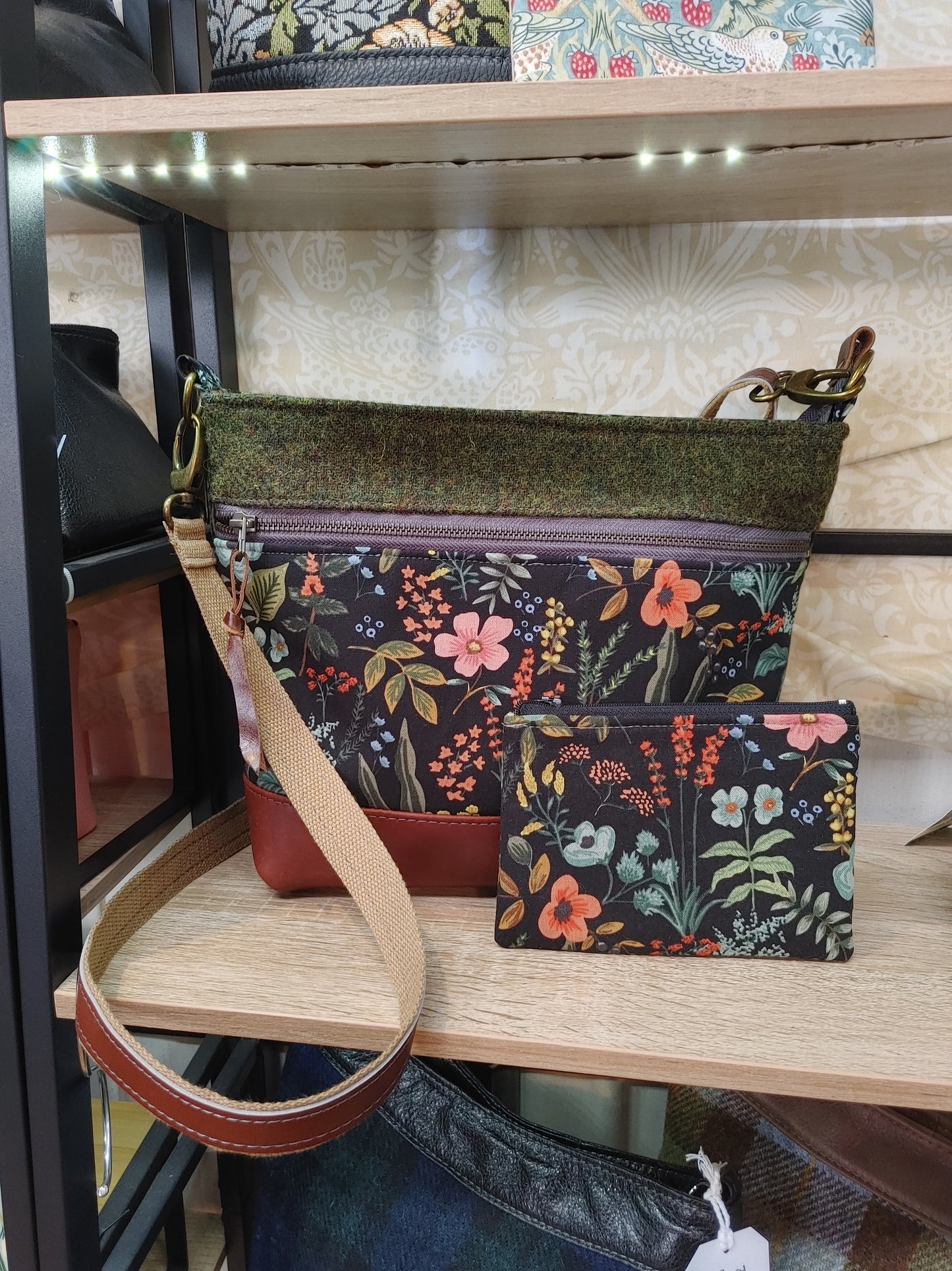 Crossbody Bag in Leather, Floral Canvas and Harris Tweed.