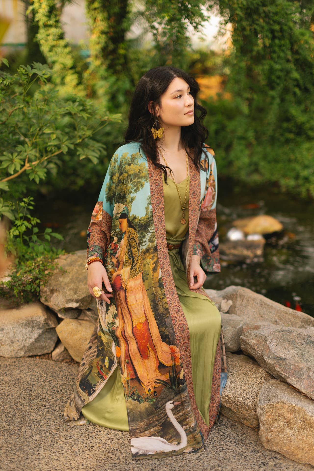 Secret Garden Long Duster Bamboo Kimono Robe with Swan