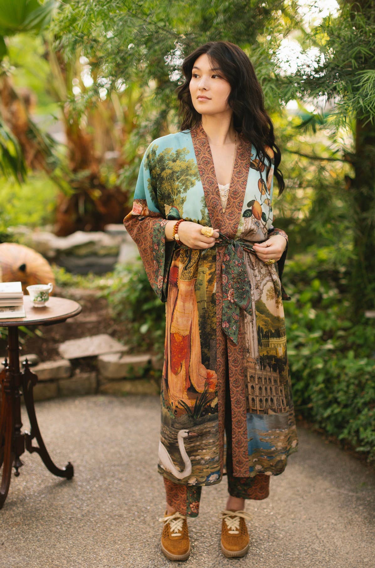 Secret Garden Long Duster Bamboo Kimono Robe with Swan