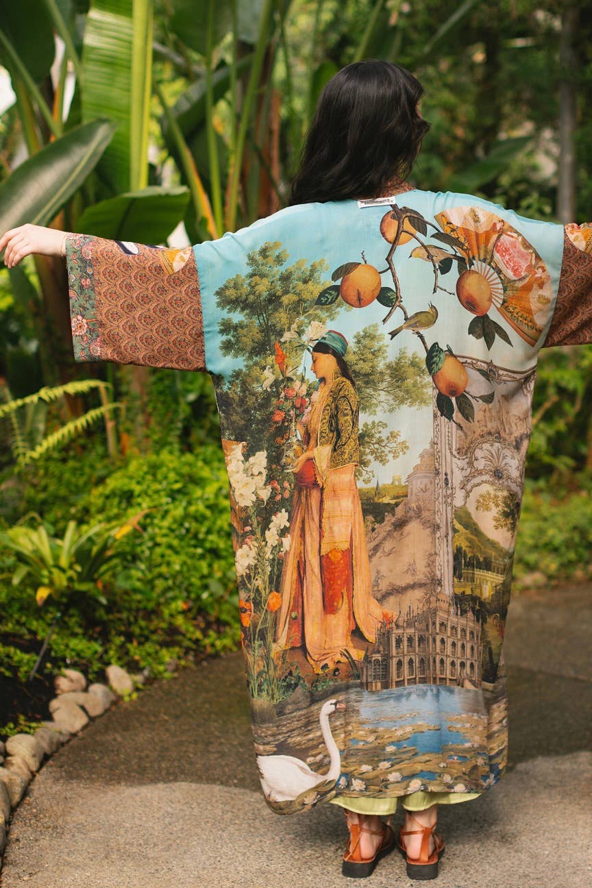 Secret Garden Long Duster Bamboo Kimono Robe with Swan