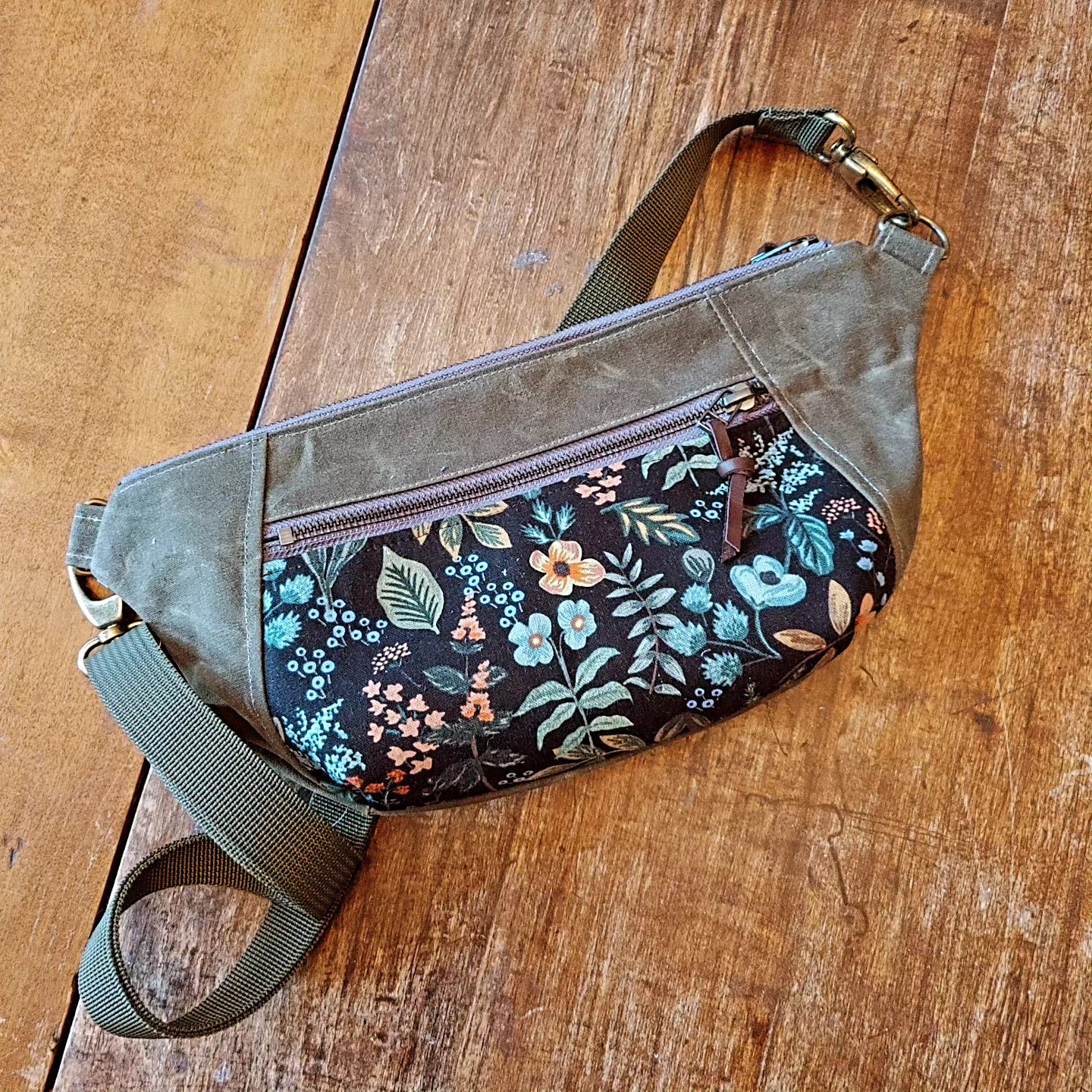 Belt Bag / Hip Pack Large Capacity in Olive Waxed Canvas and Floral Print