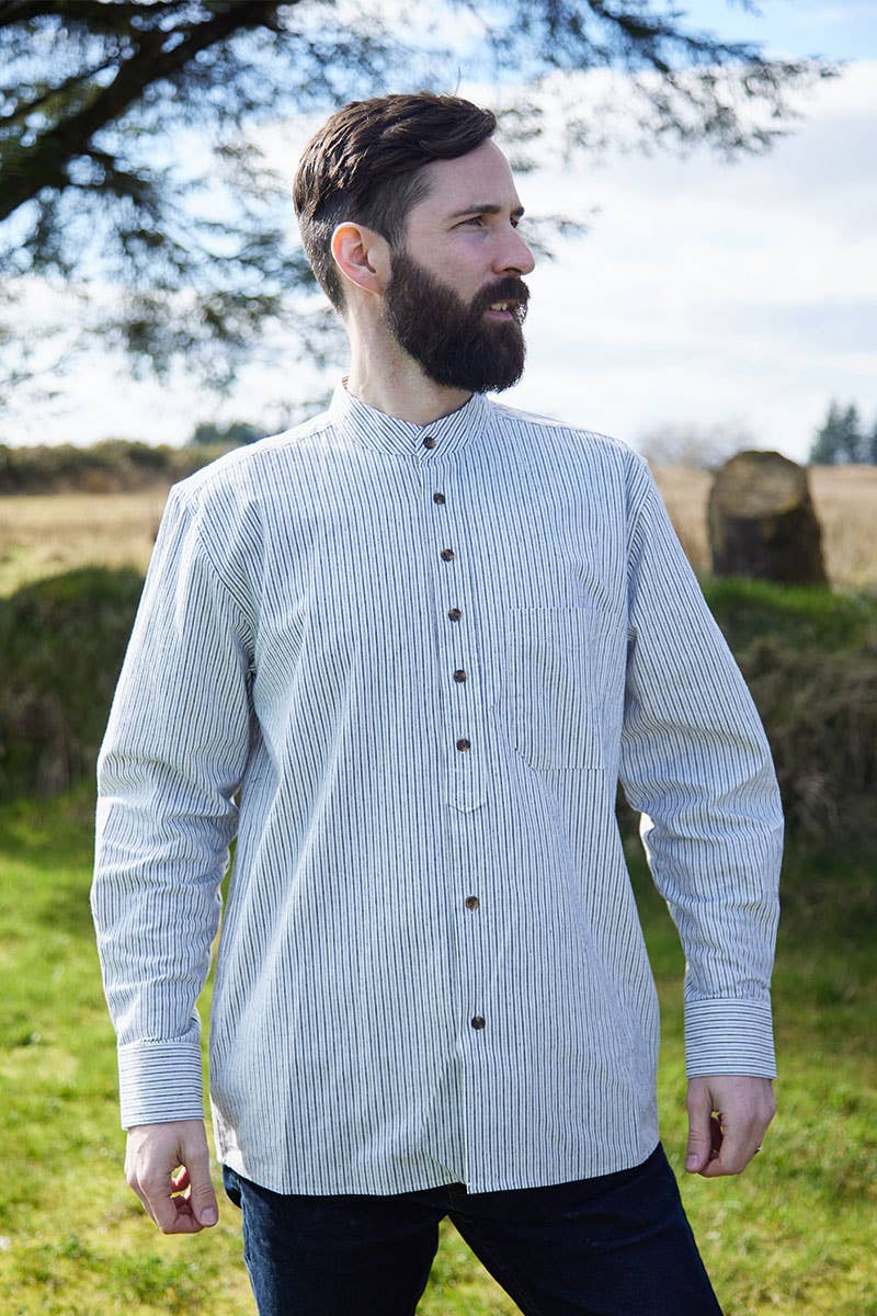 Grandad Shirt Vintage Cotton Dark/White Stripe- Larger