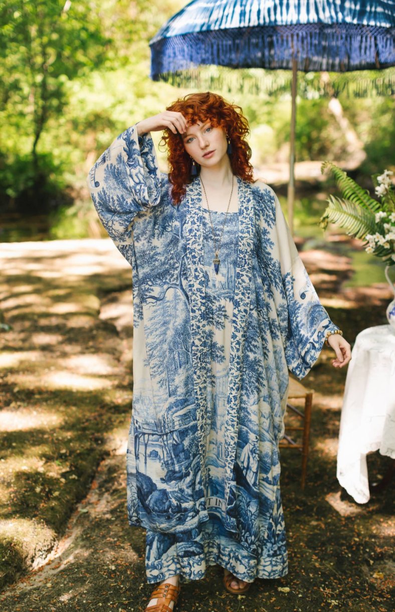 Woman wearing floral kimono made by Market of Stars,from Plumage Studio Accessories