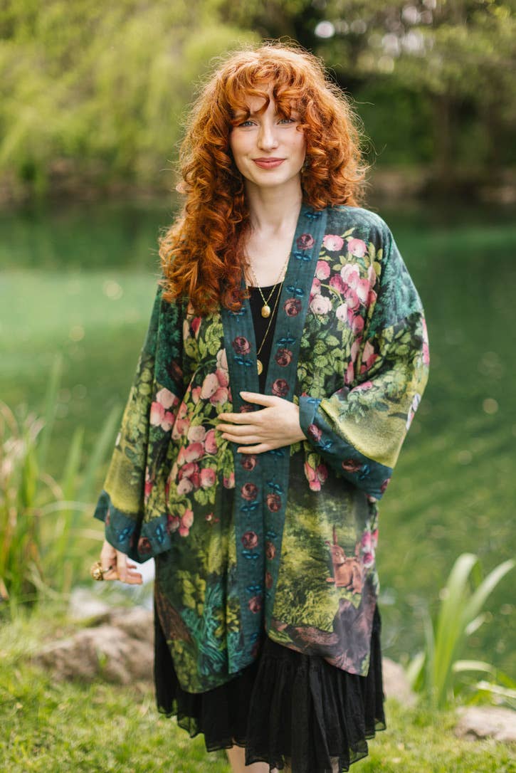 The Daydreamer Matinée Duster Kimono w/ Florals & Rabbits
