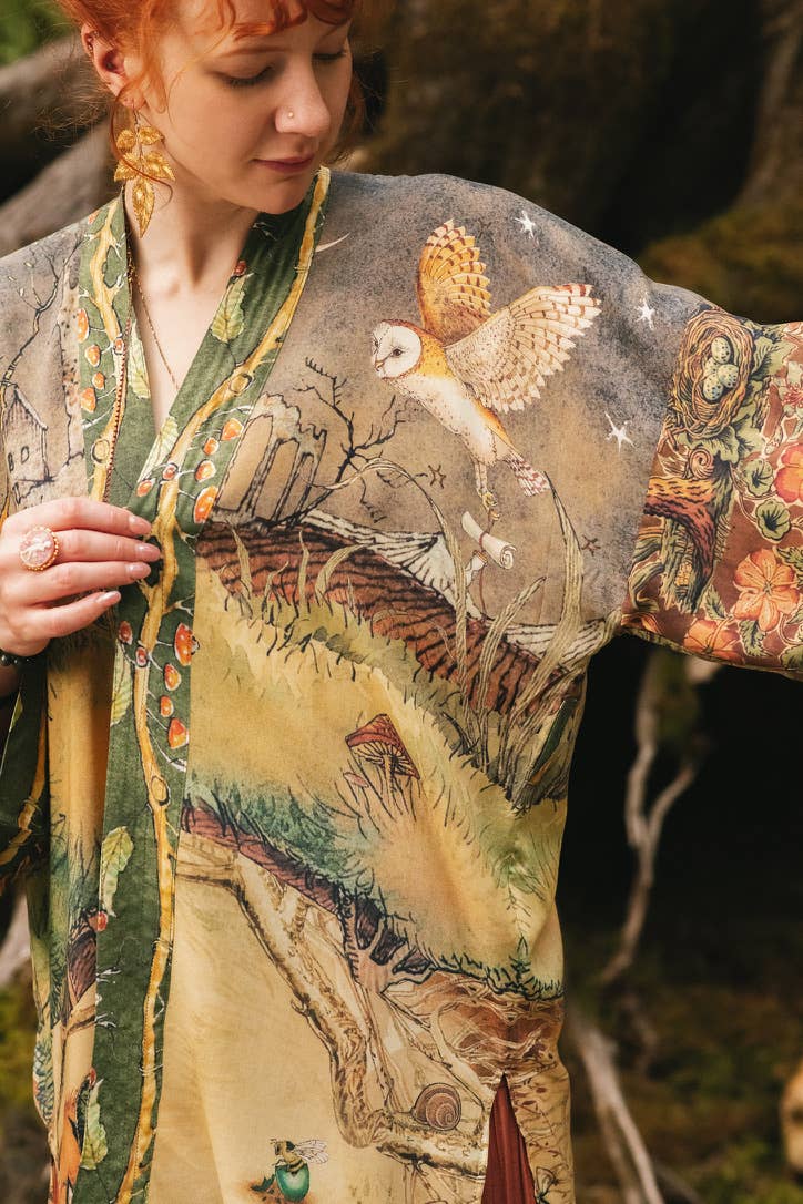 Woodland Wisdom Matinée Duster Kimono w/ Florals, Fox & Owl