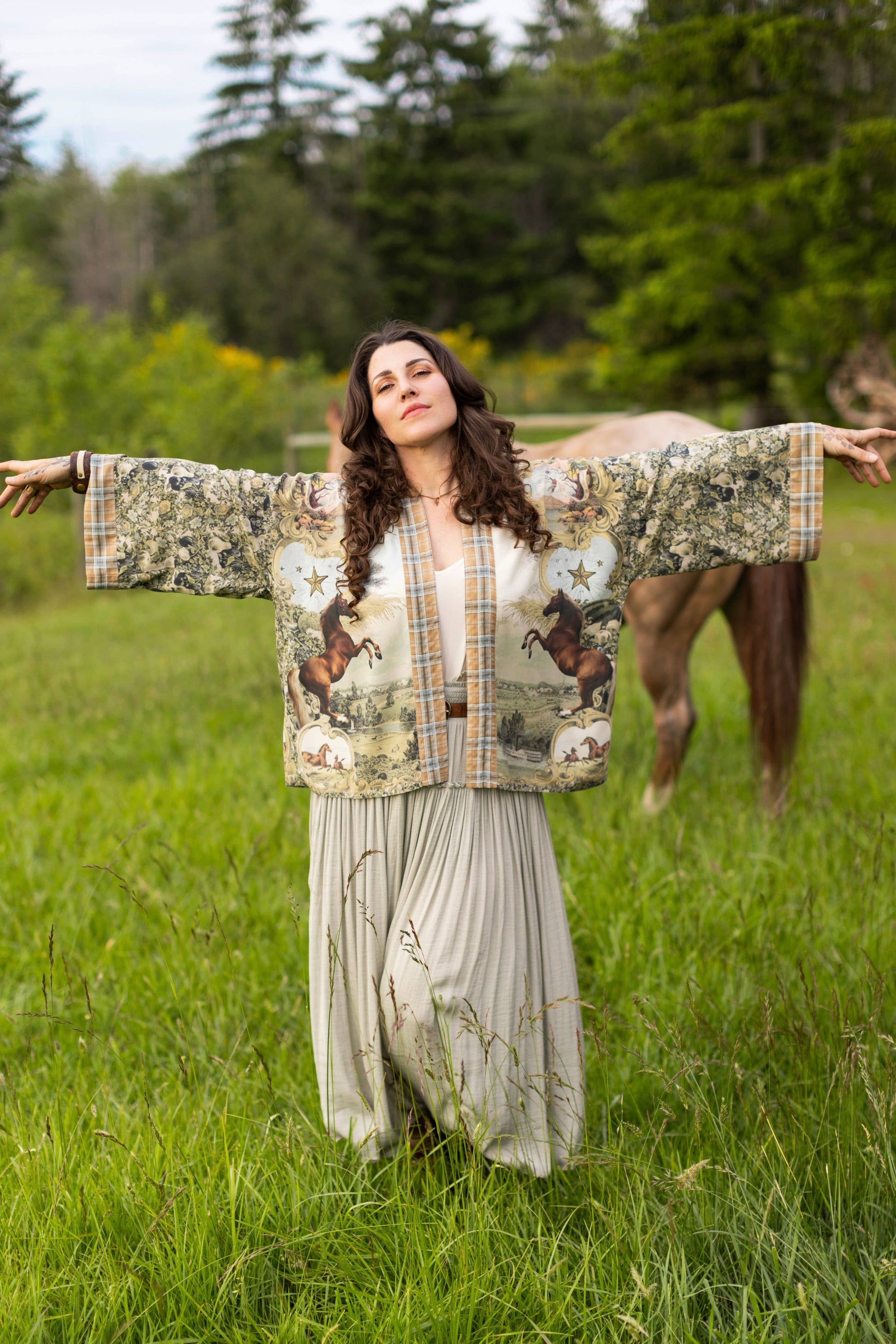 Born To Run Pixie Duster Crop Kimono w/ Wild Horse & Florals
