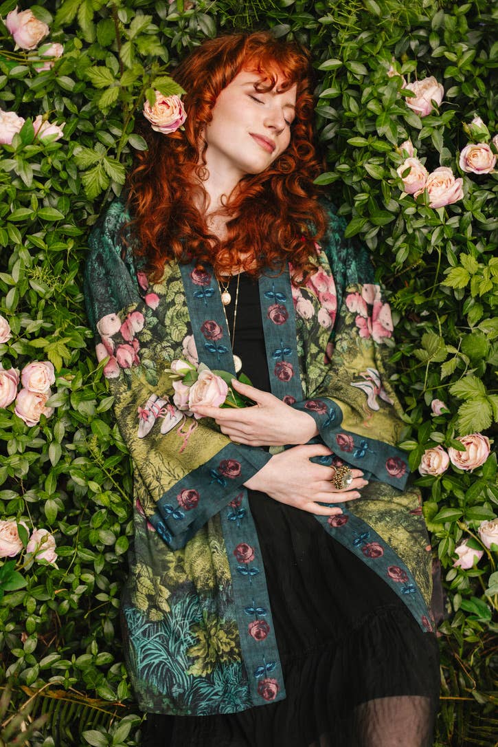 The Daydreamer Matinée Duster Kimono w/ Florals & Rabbits