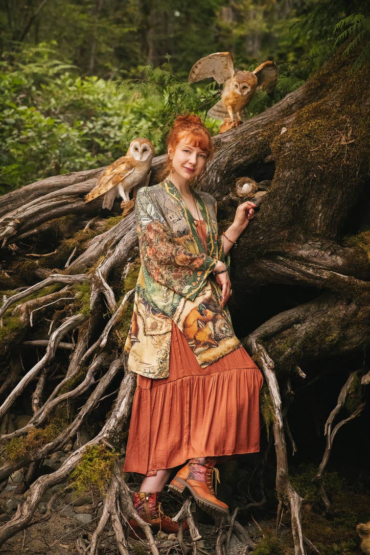 Woodland Wisdom Matinée Duster Kimono w/ Florals, Fox & Owl