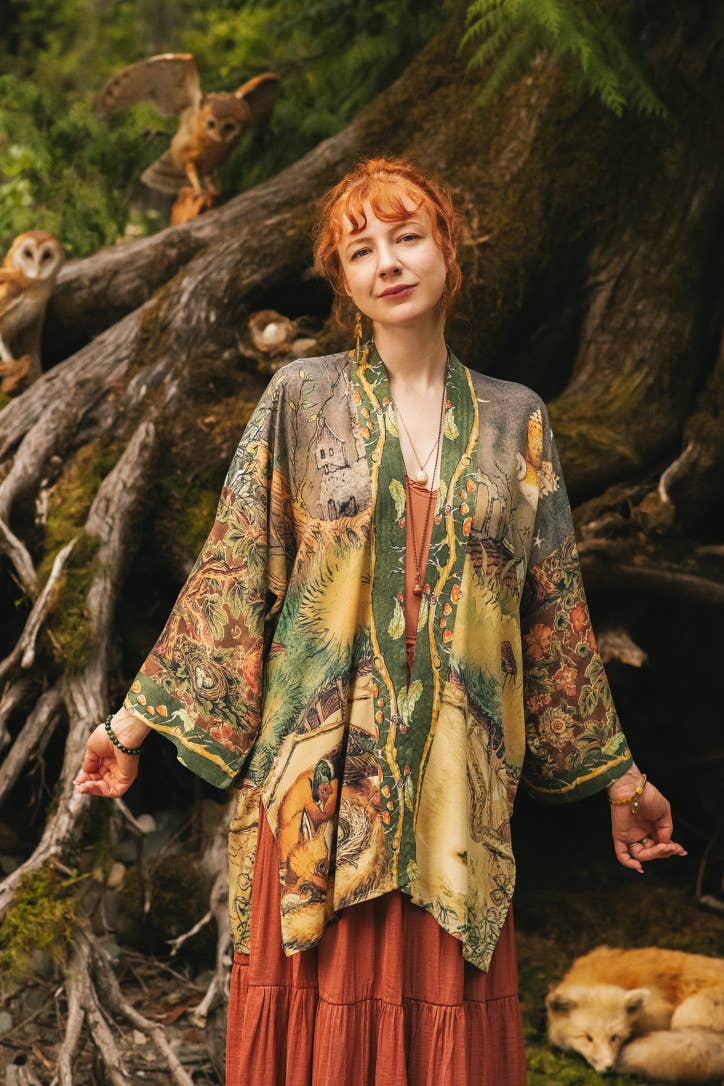 Woodland Wisdom Matinée Duster Kimono w/ Florals, Fox & Owl