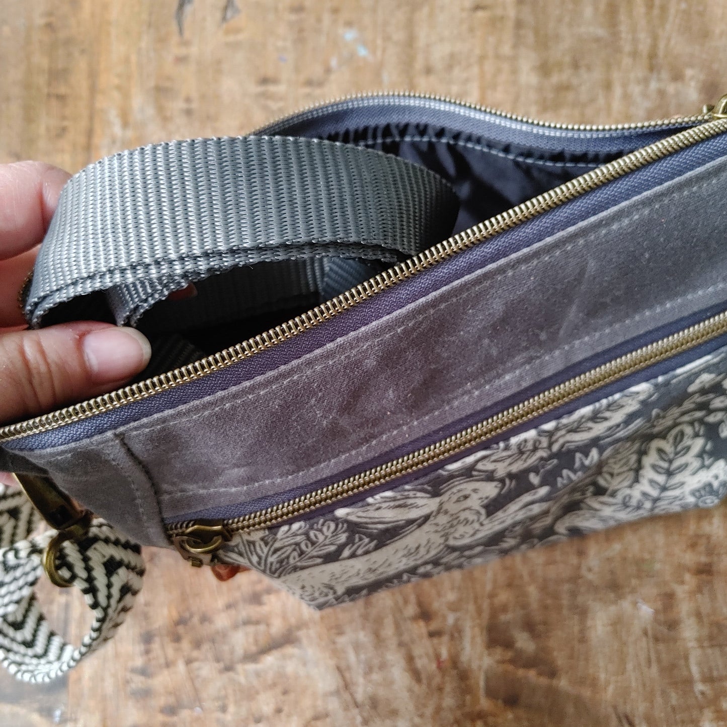 Large Capacity Belt Bag in Olive Waxed Canvas and Floral Print