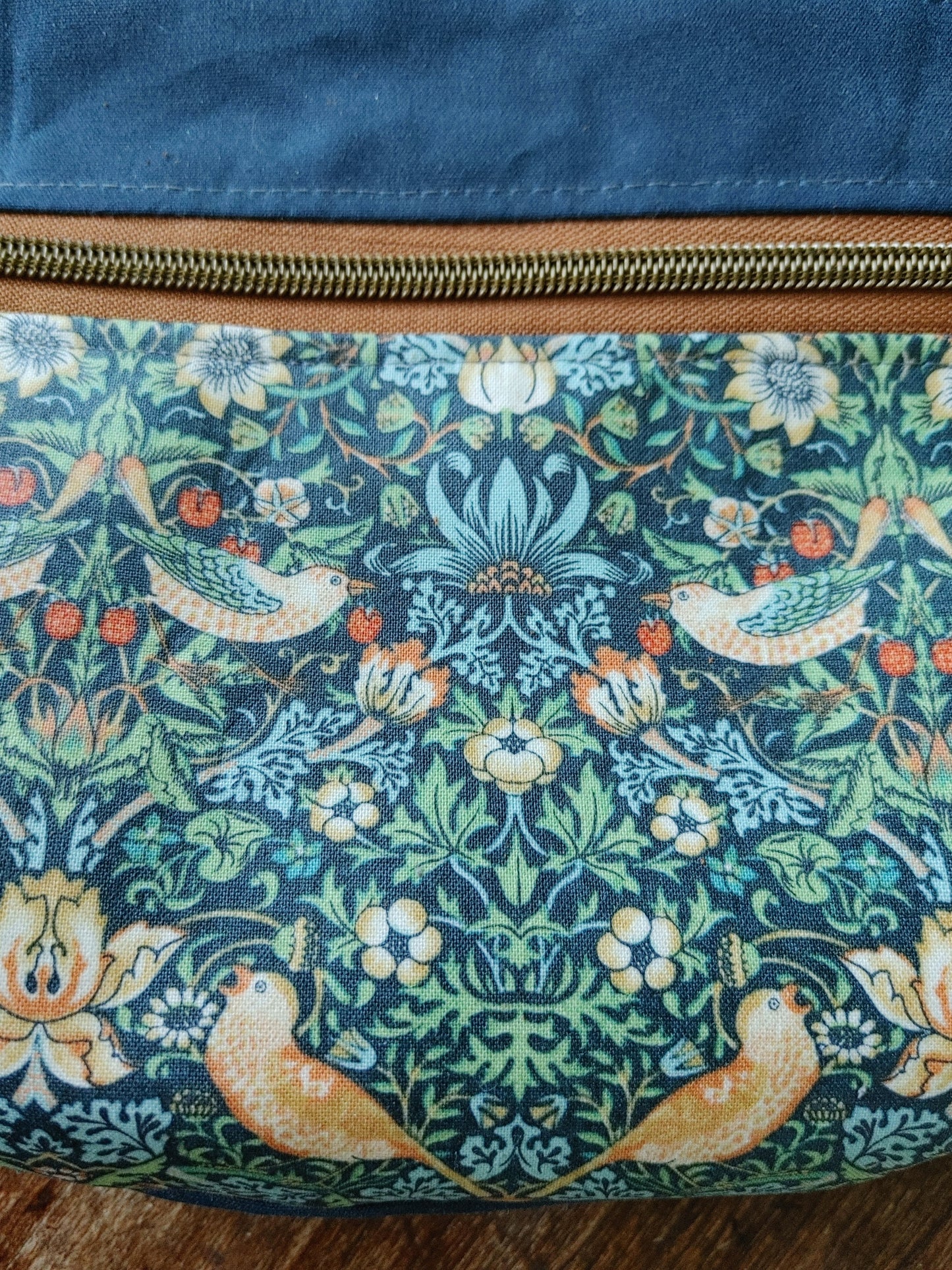 Detail of Handbag in Strawberry Thief by William Morris print and waxed canvas. Made in Canada by Plumage Studio Accessories