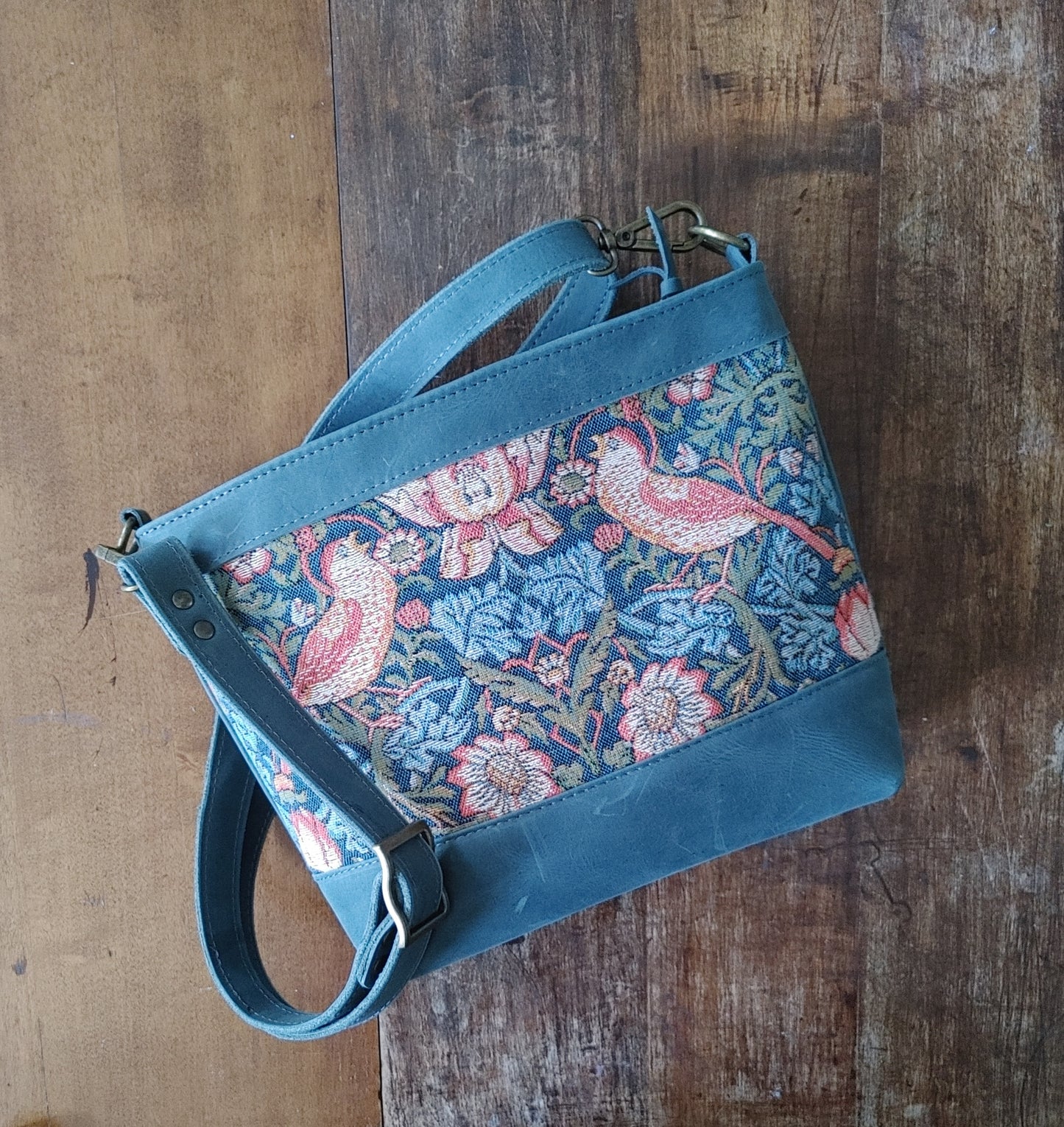 Sapling Zippered Handbag in Teal Leather with Tapestry