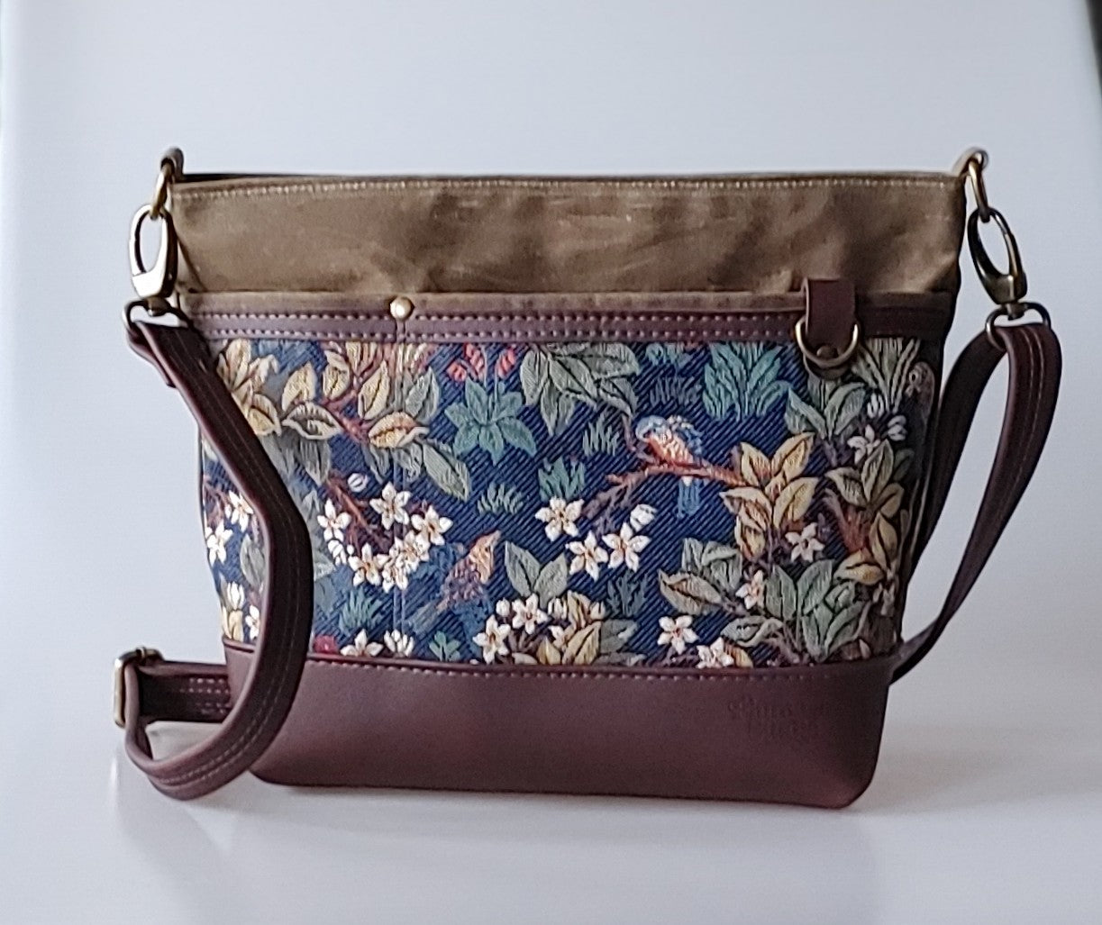 Starling Handbag in Leather, Waxed Canvas and Tree of Life Tapestry