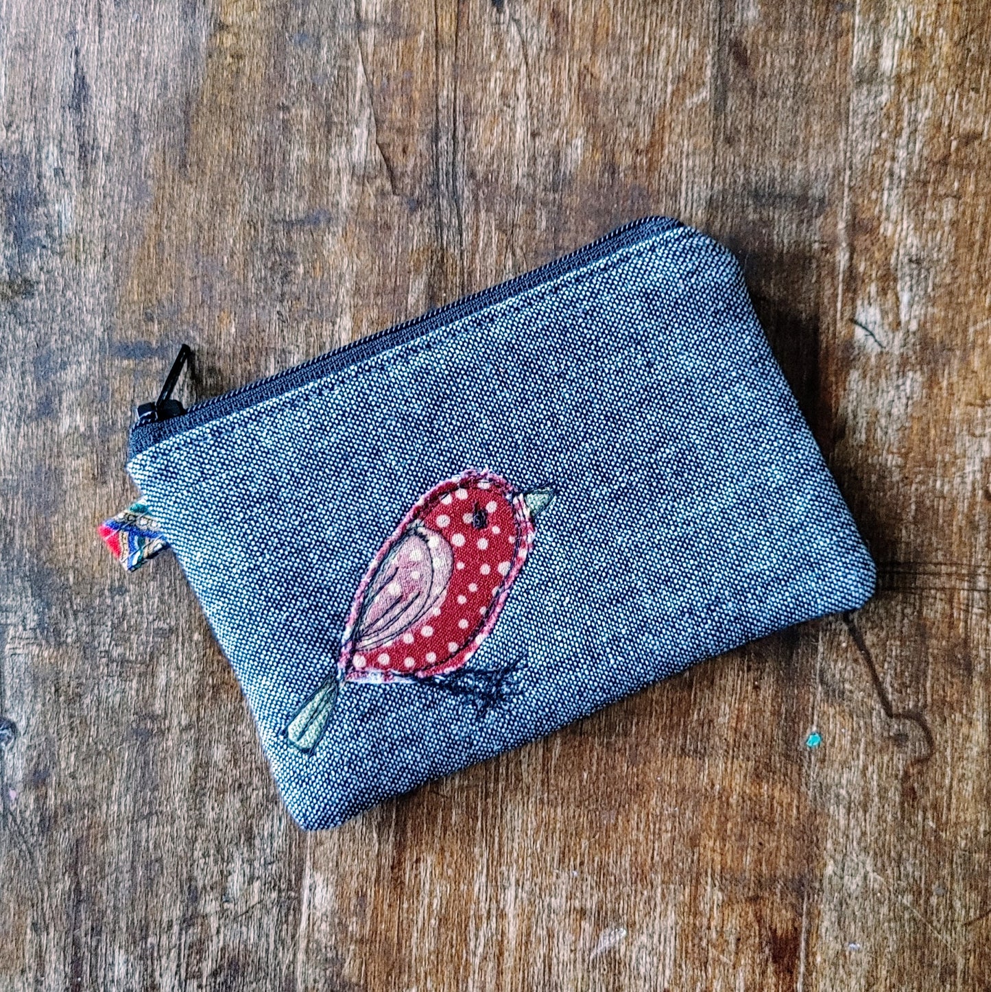 Card Pouch with Bird Embroidery. Handmade in Canada