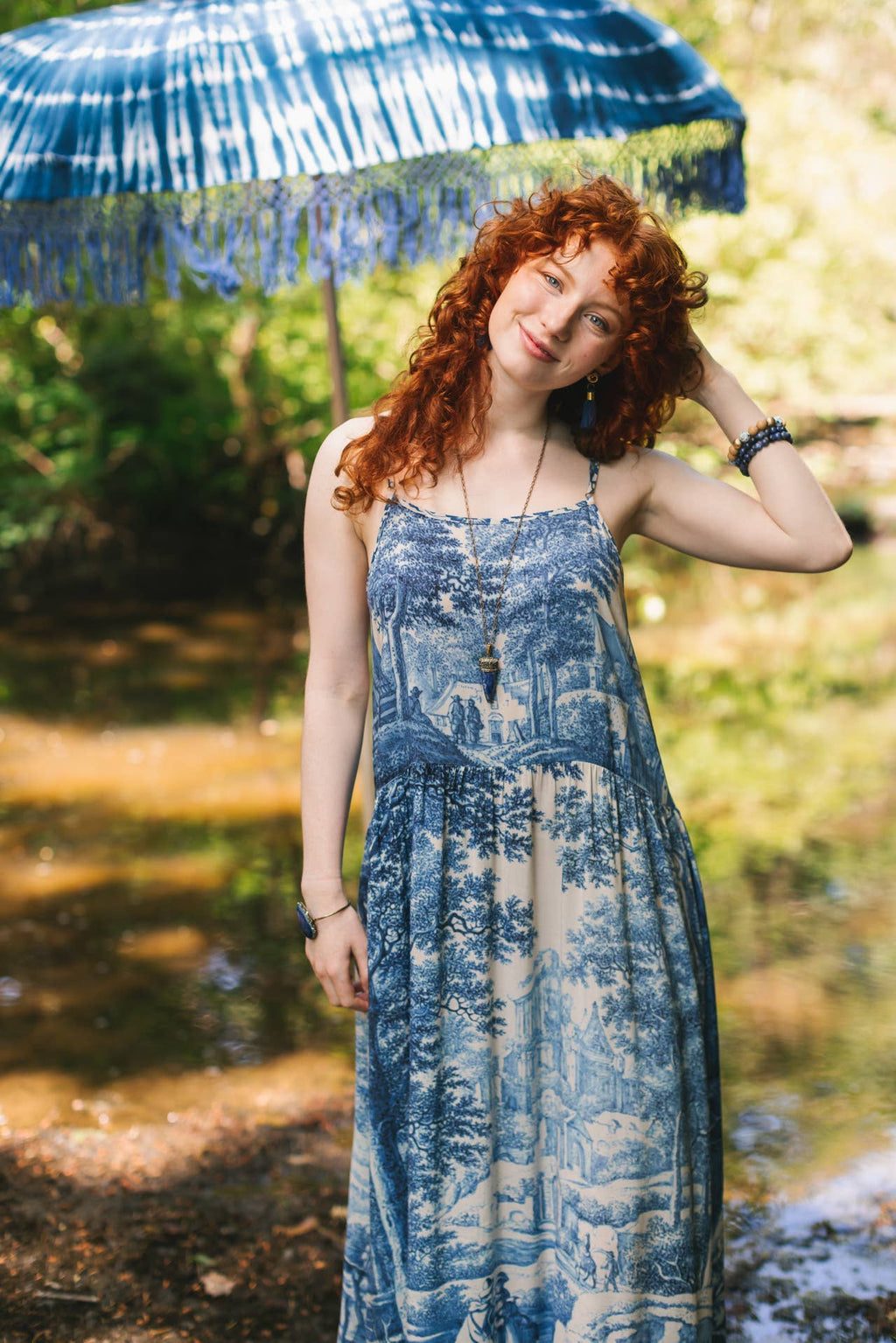 Let The Light In Bohéme Long Maxi Slip Dress w Delft Print: L/XL (fits approx. size 12-16)