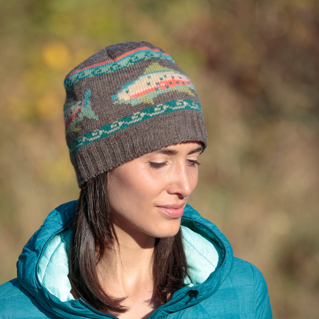 Trout Wool Beanie Hat with Fish Motif : Grey