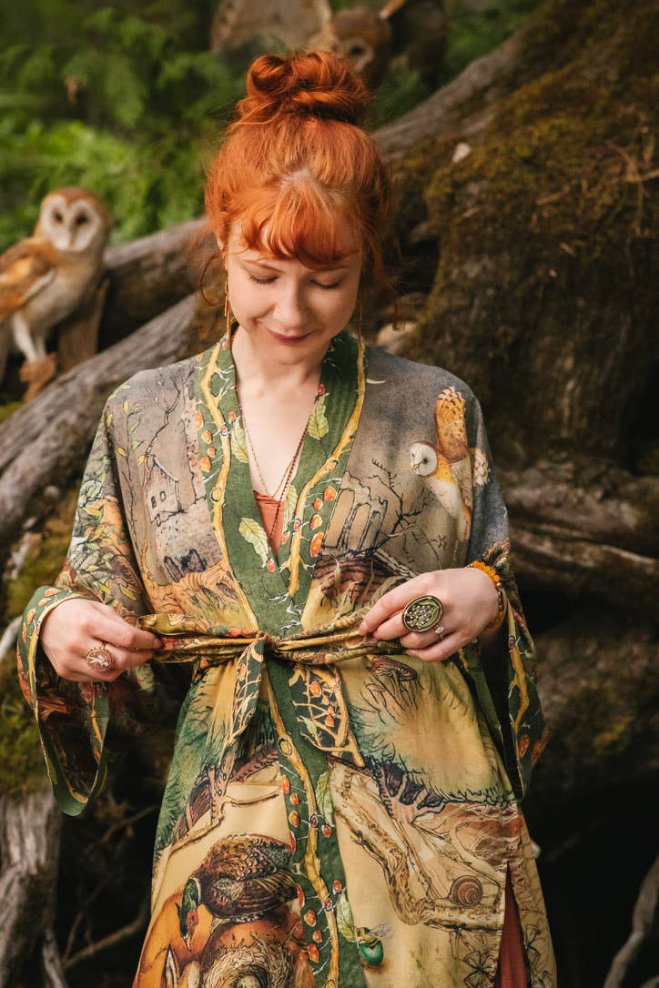 Woodland Wisdom Matinée Duster Kimono w/ Florals, Fox & Owl