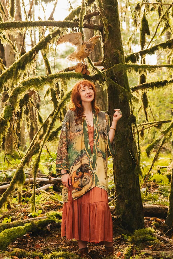 Woodland Wisdom Matinée Duster Kimono w/ Florals, Fox & Owl