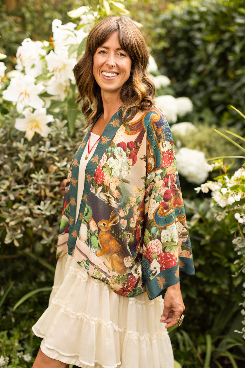 Stay Gold Pixie Duster Cropped Kimono w/ Rabbit, Bees