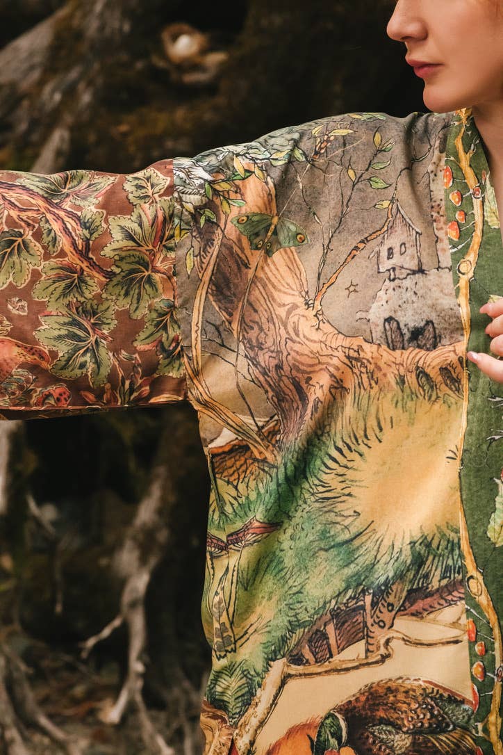 Woodland Wisdom Matinée Duster Kimono w/ Florals, Fox & Owl