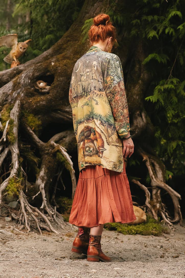Woodland Wisdom Matinée Duster Kimono w/ Florals, Fox & Owl