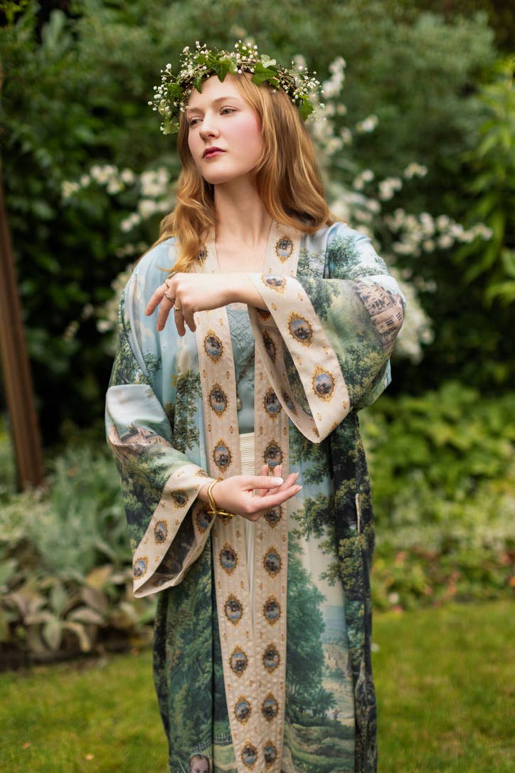 The Mythmaker Opera Duster Kimono Robe w Landscape & Unicorn