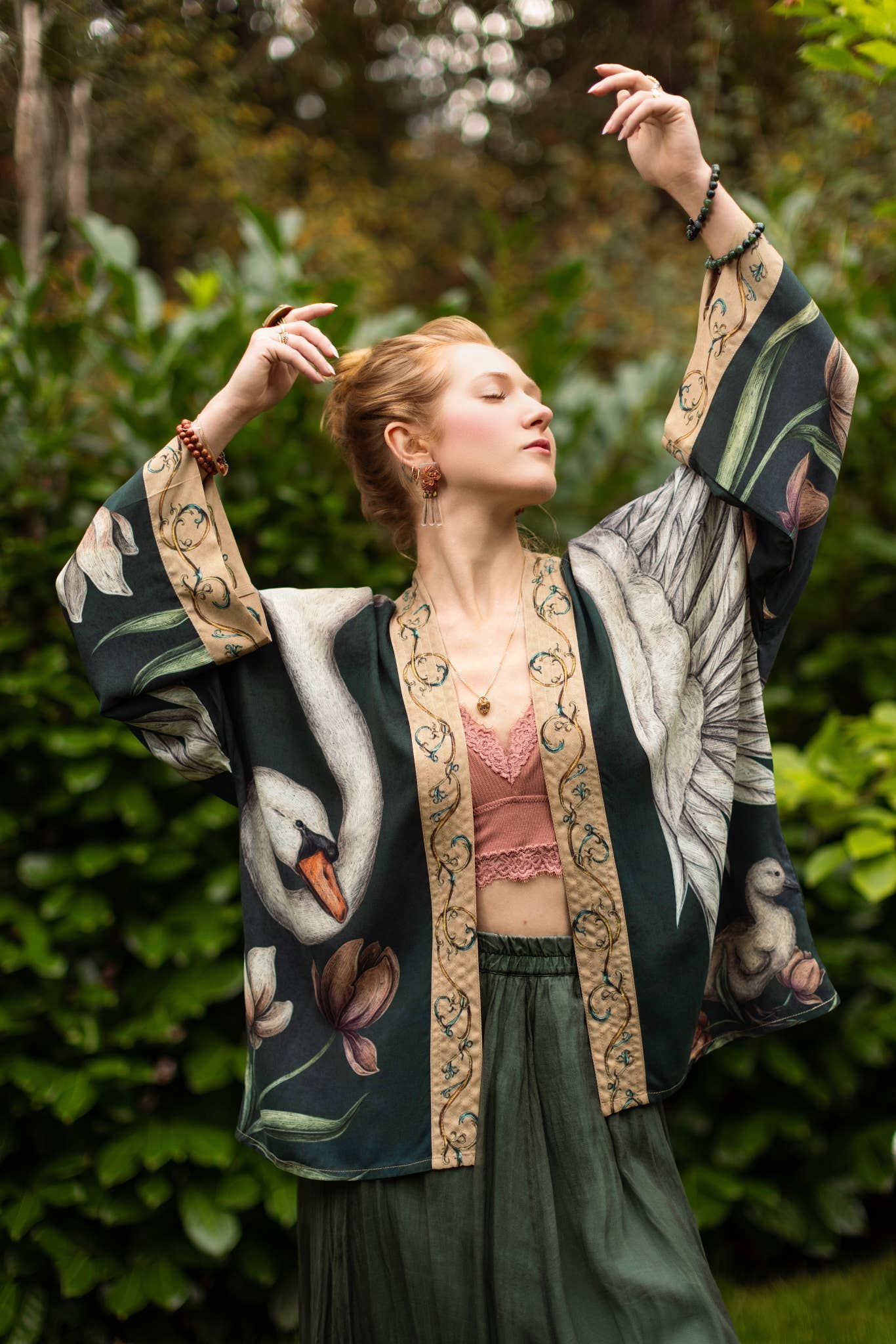 Under My Wing Pixie Duster Crop Kimono w/ swan & feathers