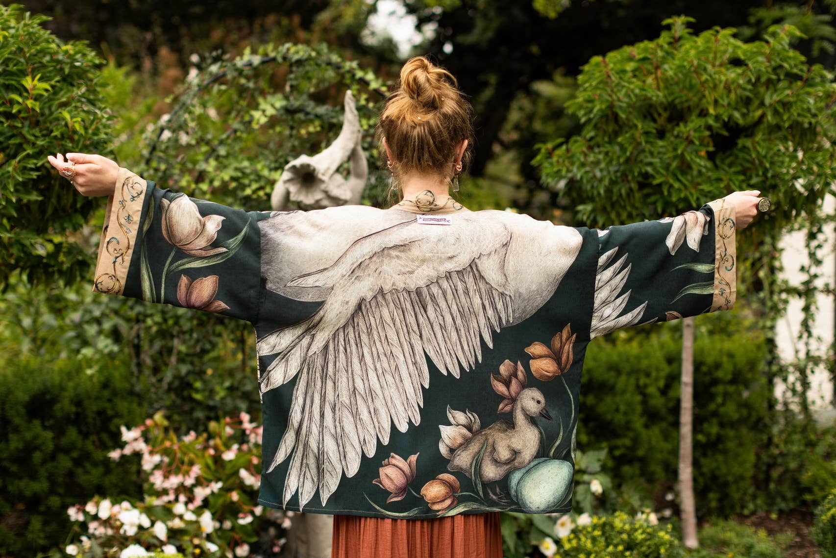 Under My Wing Pixie Duster Crop Kimono w/ swan & feathers