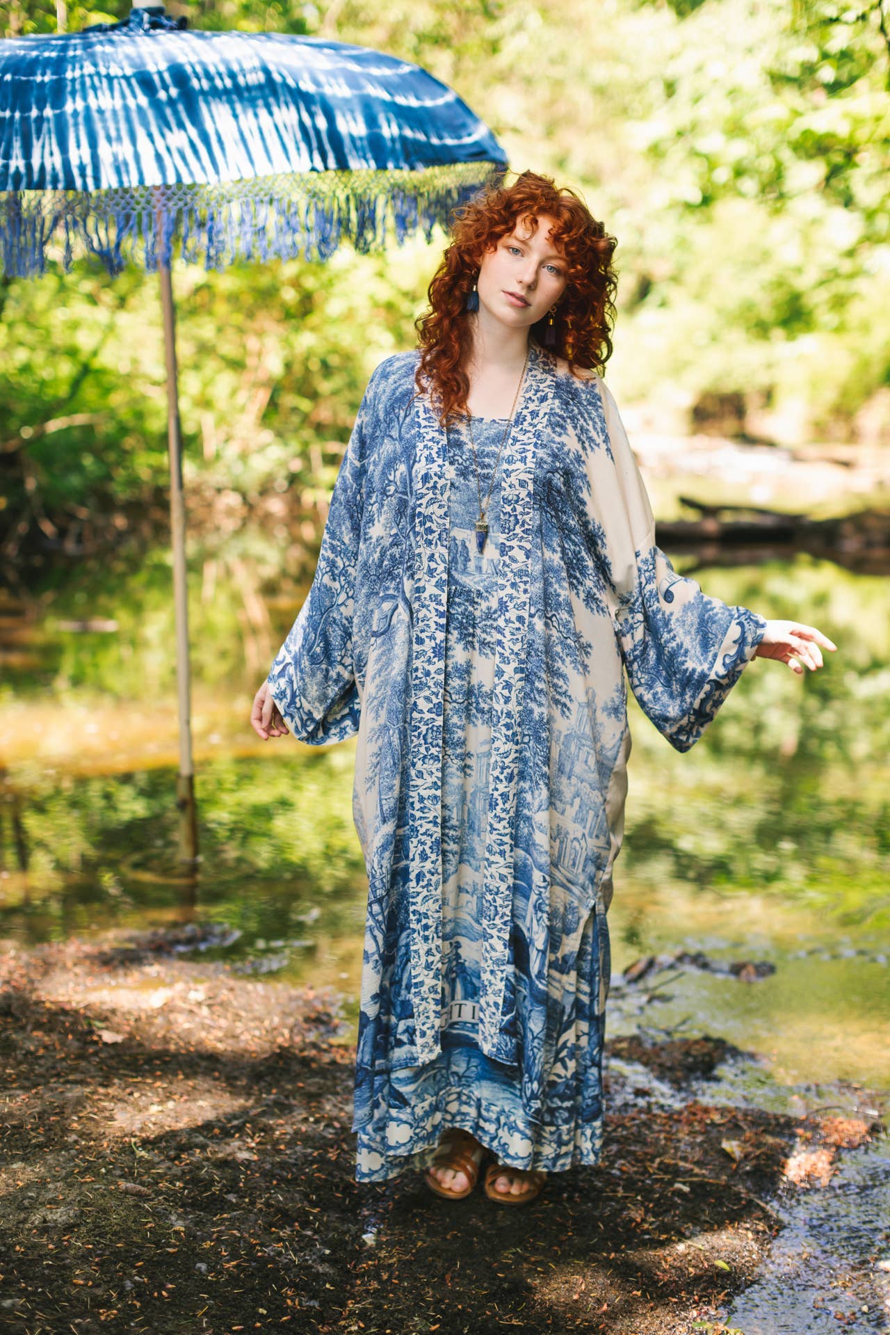 Let The Light In Bohéme Long Maxi Slip Dress w Delft Print: L/XL (fits approx. size 12-16)