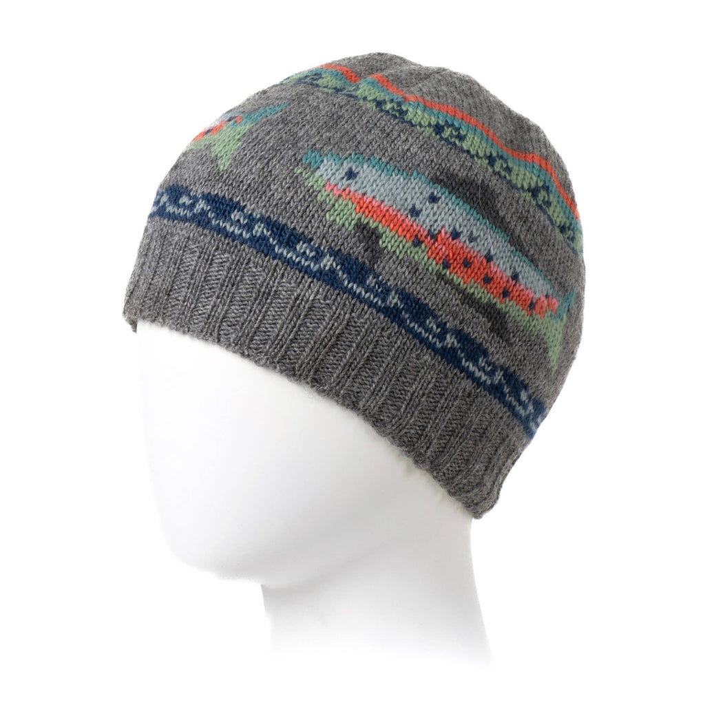 Trout Wool Beanie Hat with Fish Motif : Grey