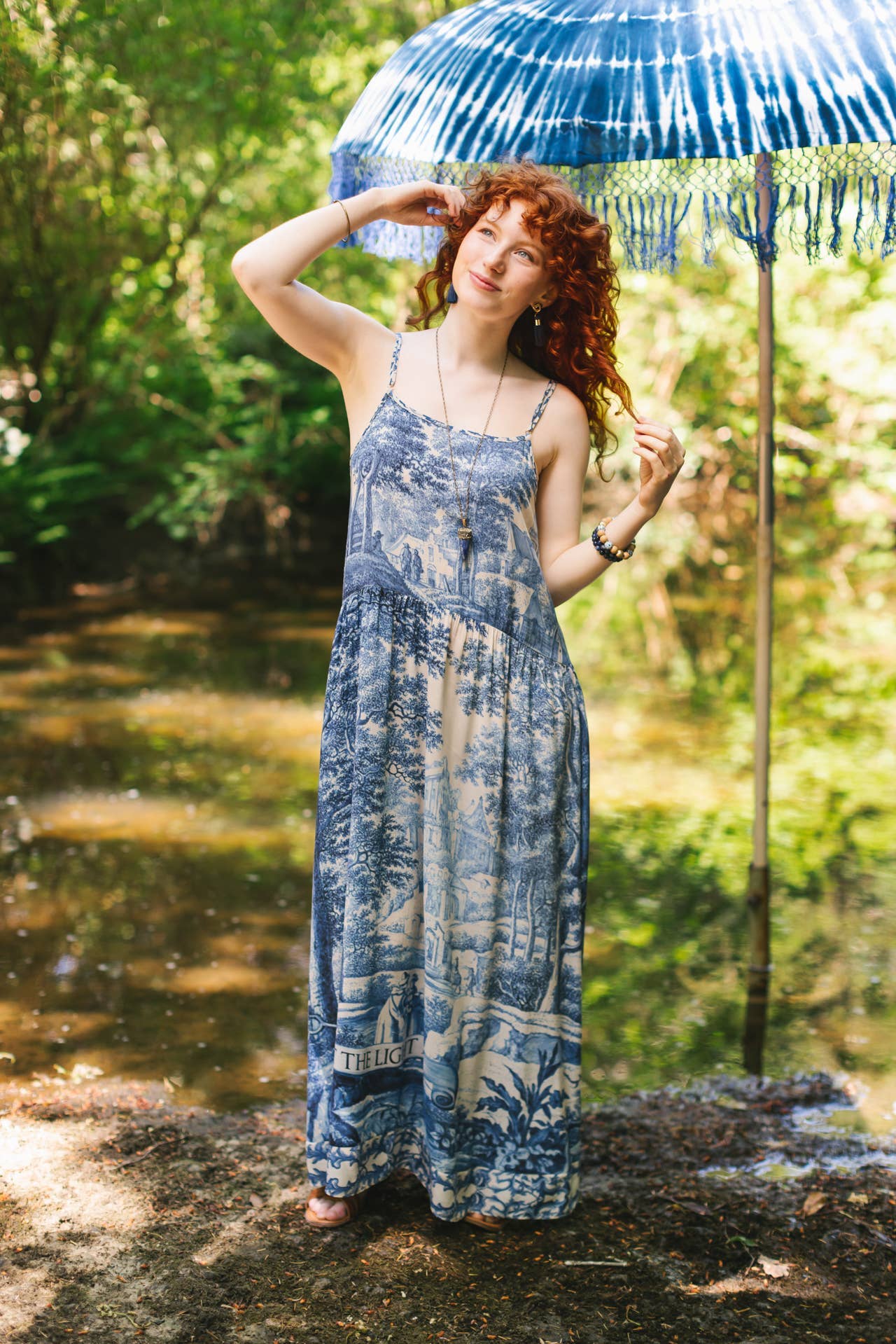 Let The Light In Bohéme Long Maxi Slip Dress w Delft Print: L/XL (fits approx. size 12-16)