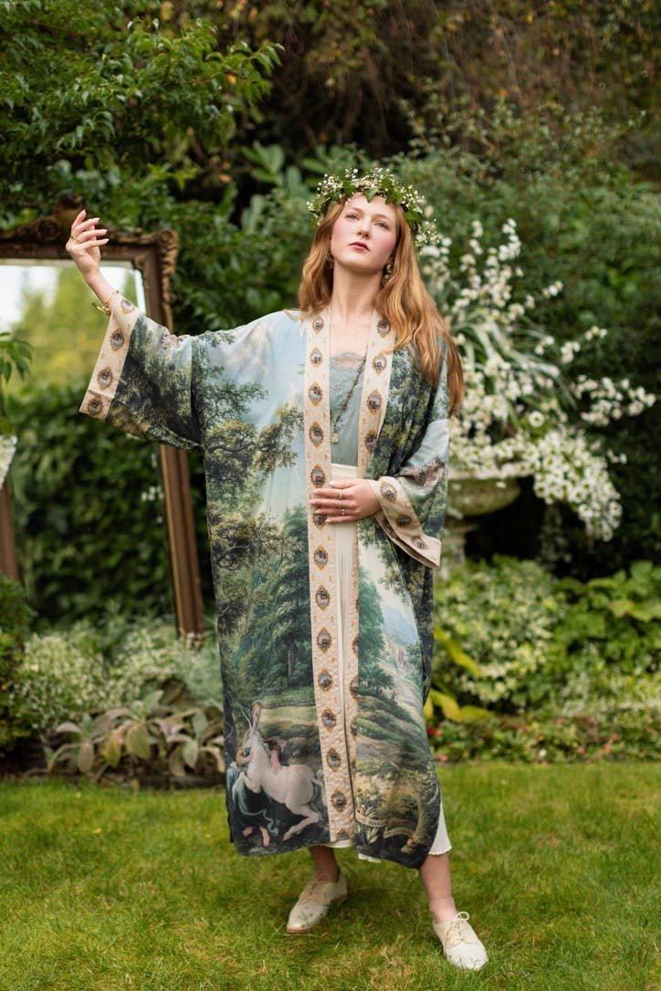 The Mythmaker Opera Duster Kimono Robe w Landscape & Unicorn