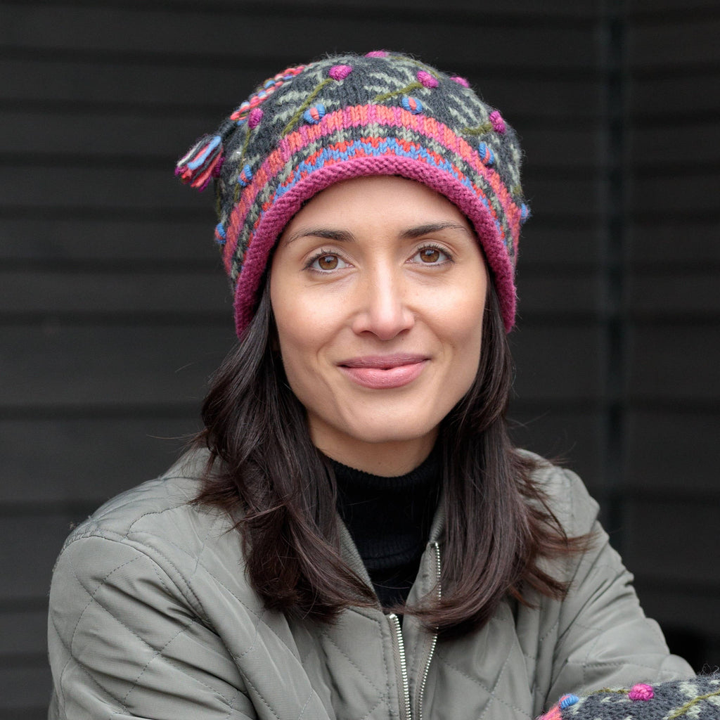 Verbier Floral Wool Beanie Hat with Embroidery