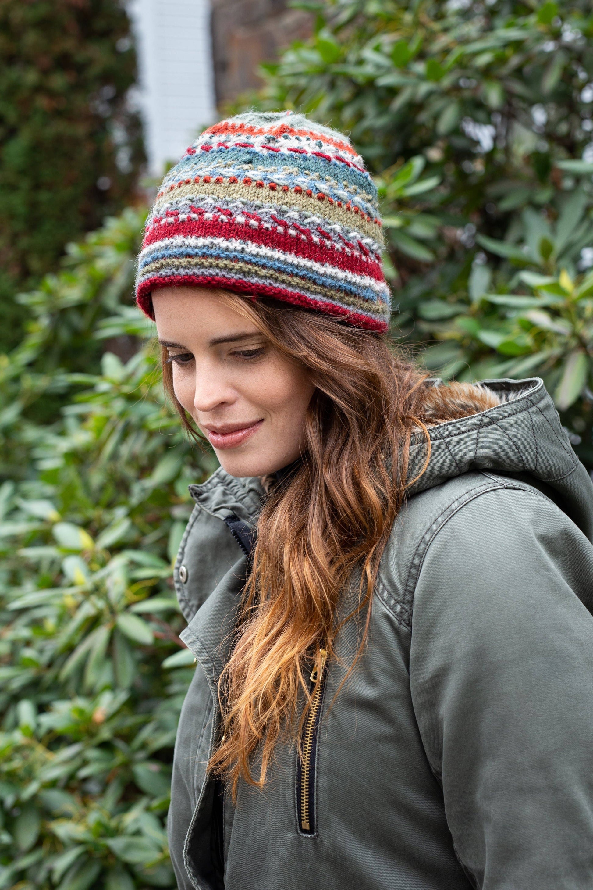 Navika Wool Beanie Hat with Embroidered Stripes: Santa Fe