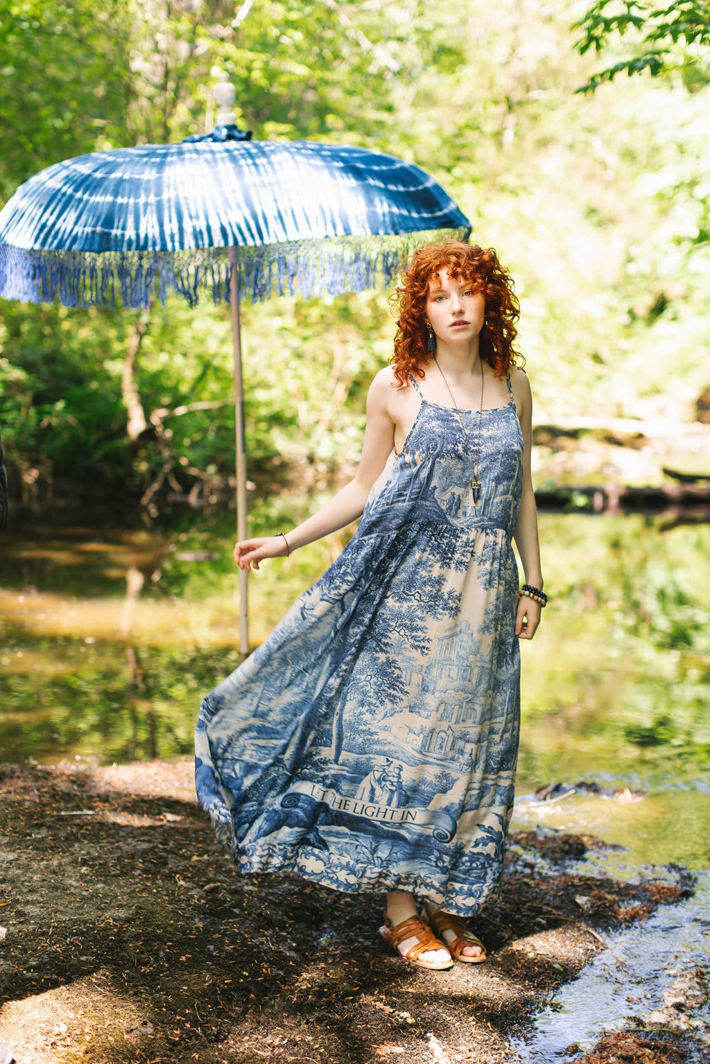 Let The Light In Bohéme Long Maxi Slip Dress w Delft Print: L/XL (fits approx. size 12-16)