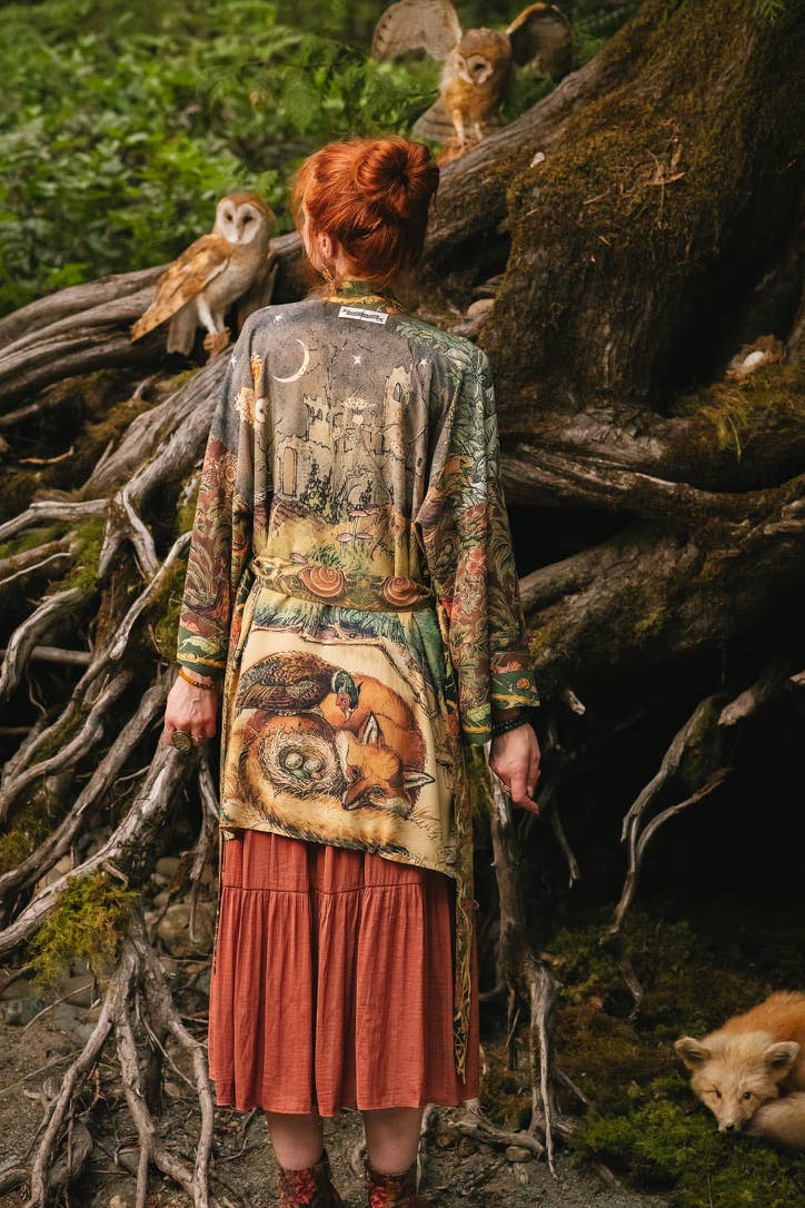 Woodland Wisdom Matinée Duster Kimono w/ Florals, Fox & Owl