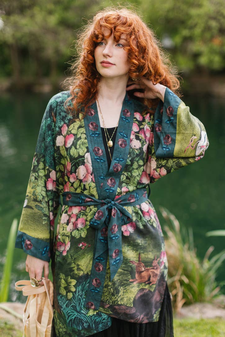 The Daydreamer Matinée Duster Kimono w/ Florals & Rabbits