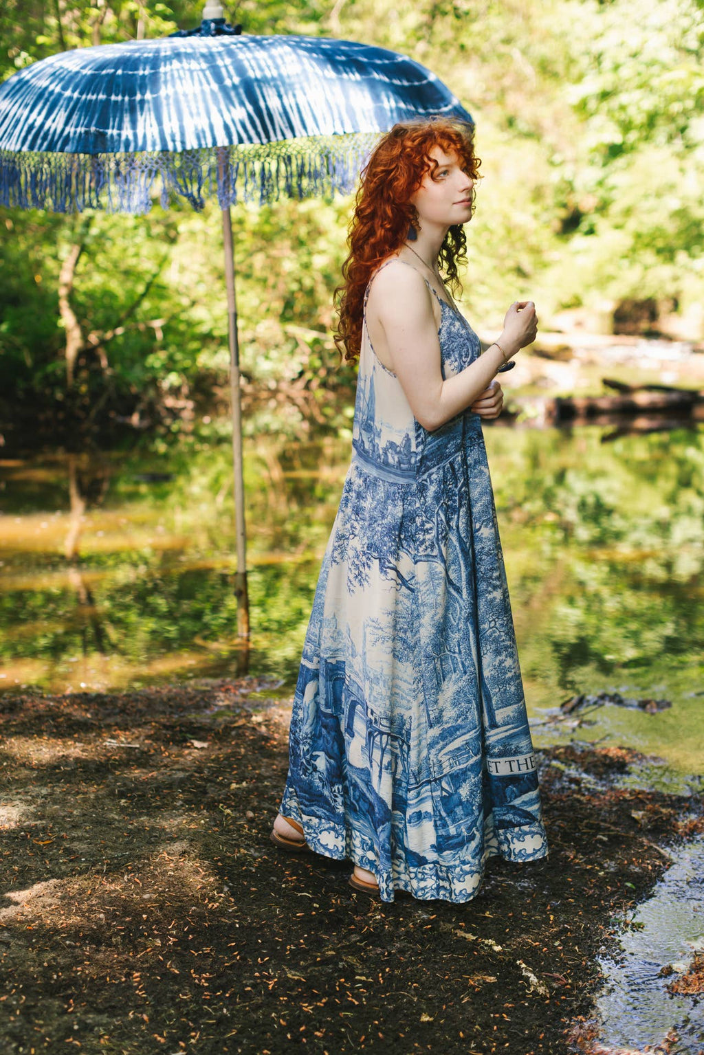 Let The Light In Bohéme Long Maxi Slip Dress w Delft Print: L/XL (fits approx. size 12-16)
