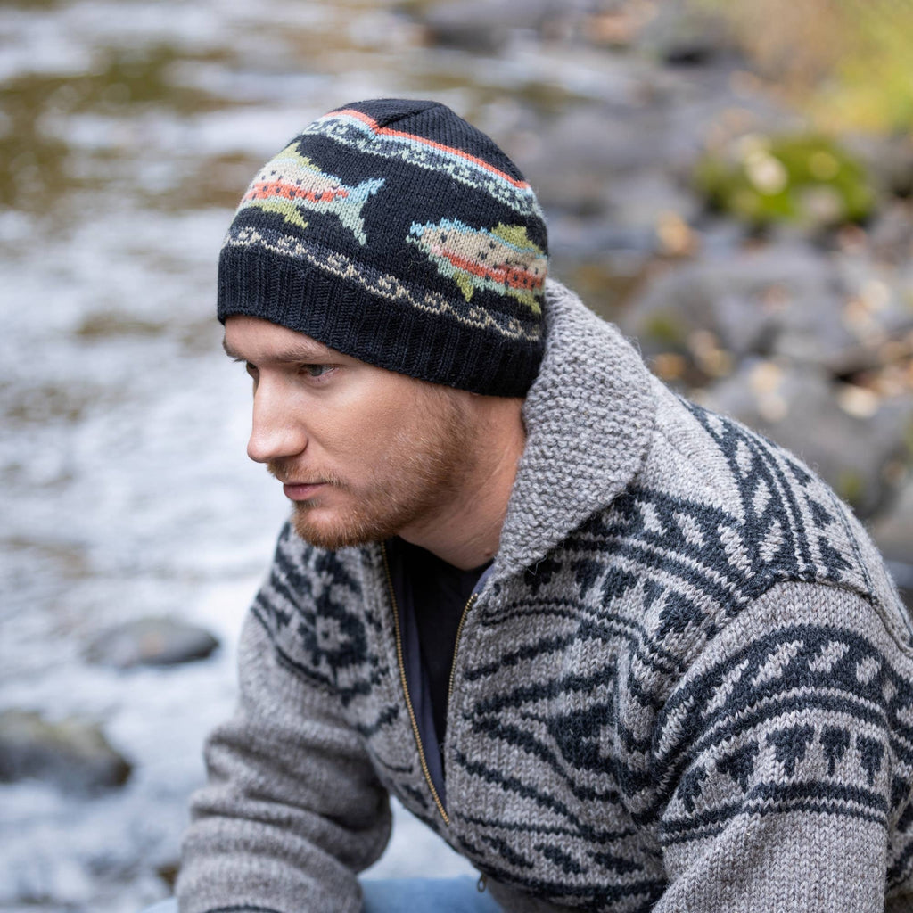 Trout Wool Beanie Hat with Fish Motif : Navy