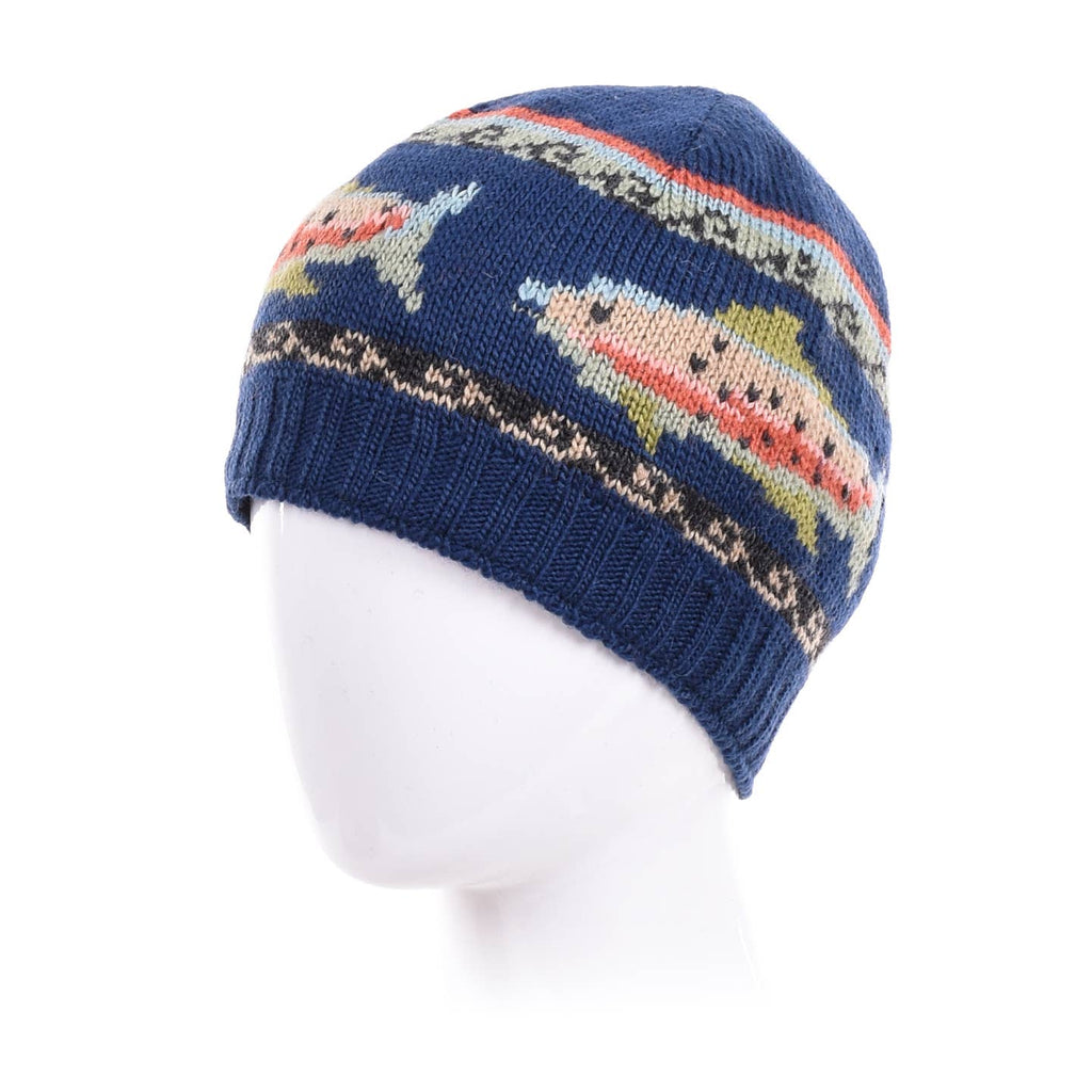 Trout Wool Beanie Hat with Fish Motif : Navy
