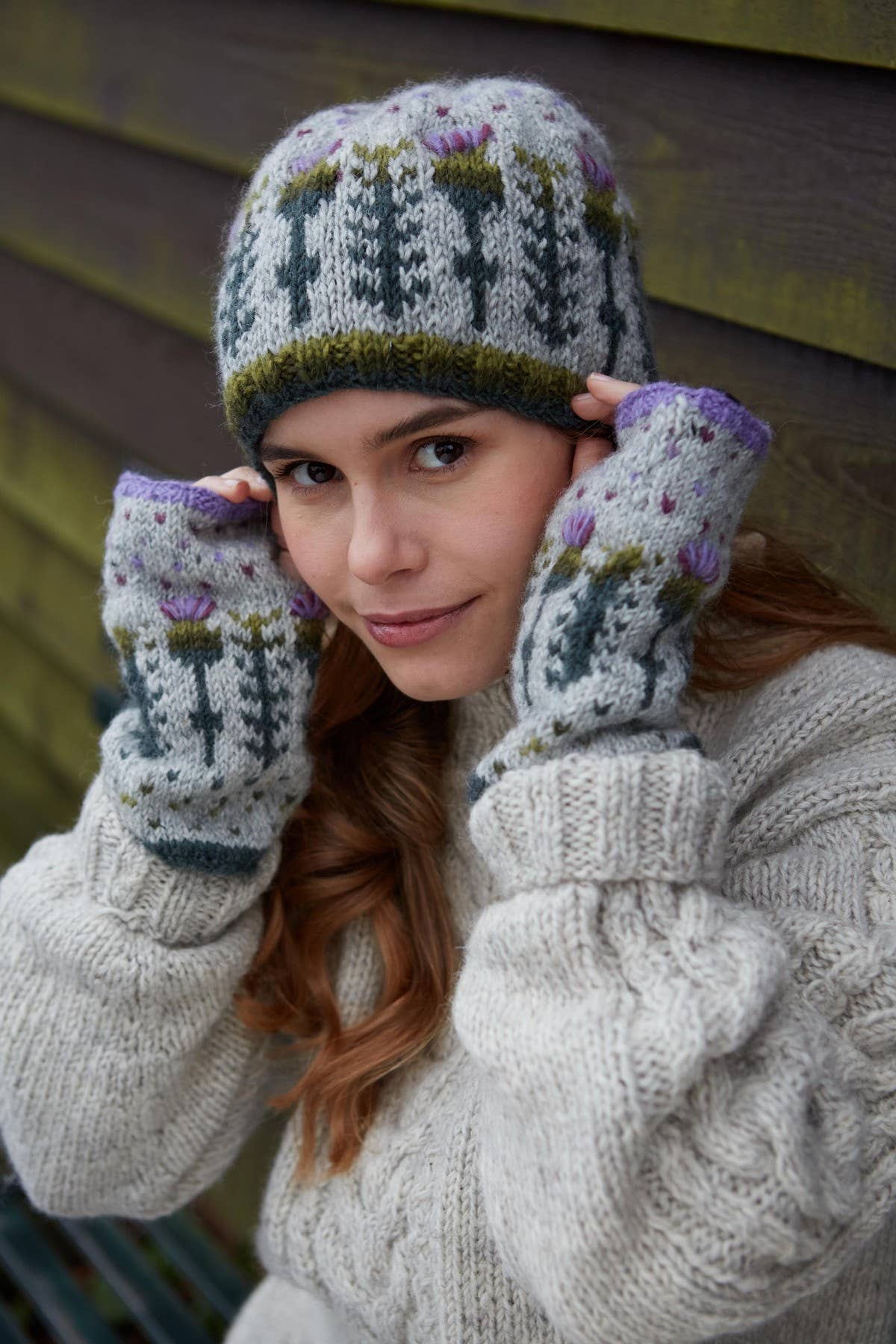 Scottish Thistle Knit Beanie Grey Wool Floral Hat: One Colour