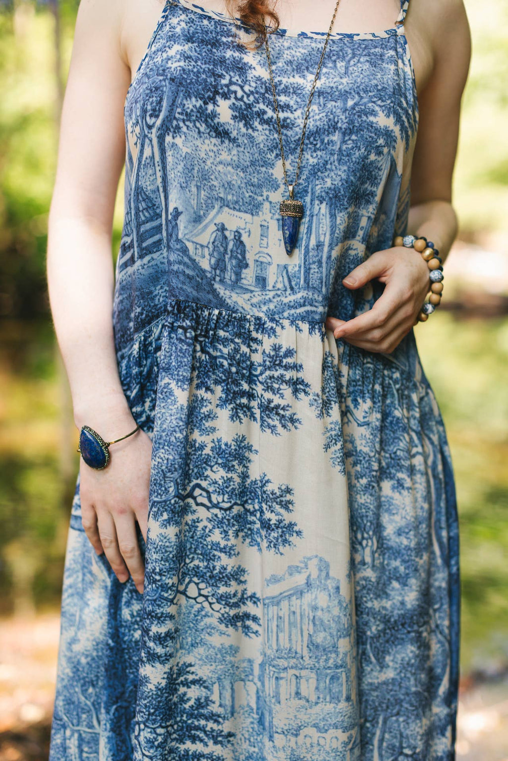 Let The Light In Bohéme Long Maxi Slip Dress w Delft Print: L/XL (fits approx. size 12-16)