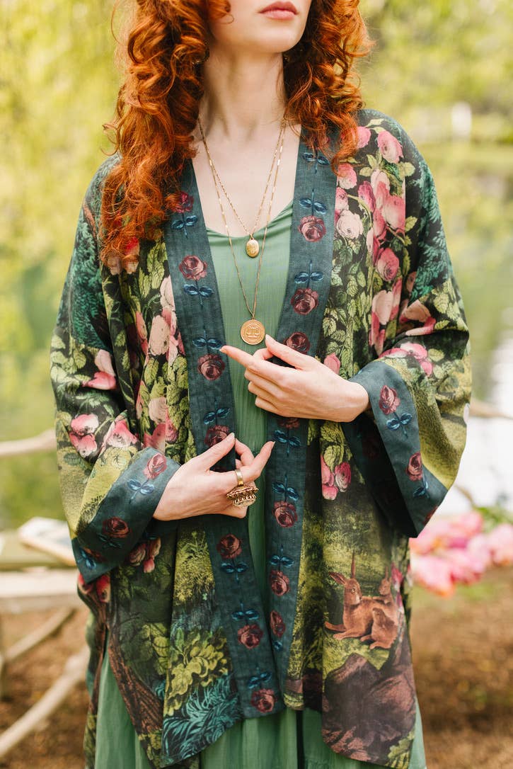 The Daydreamer Matinée Duster Kimono w/ Florals & Rabbits
